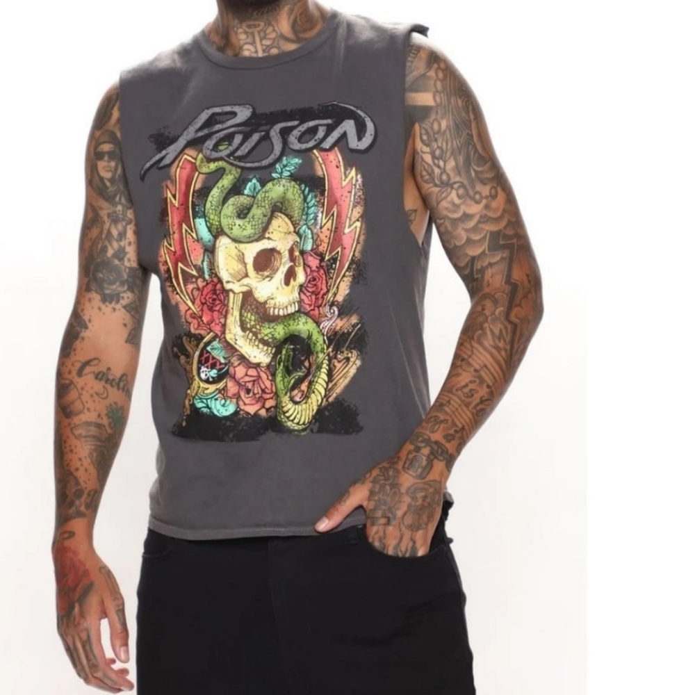 POISON Unisex sleeveless torn raw edge distressed blackish graphic tank Medium